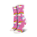 Pair of pink crew socks with unicorns and rainbows. Fun, whimsical design for a pop of color.