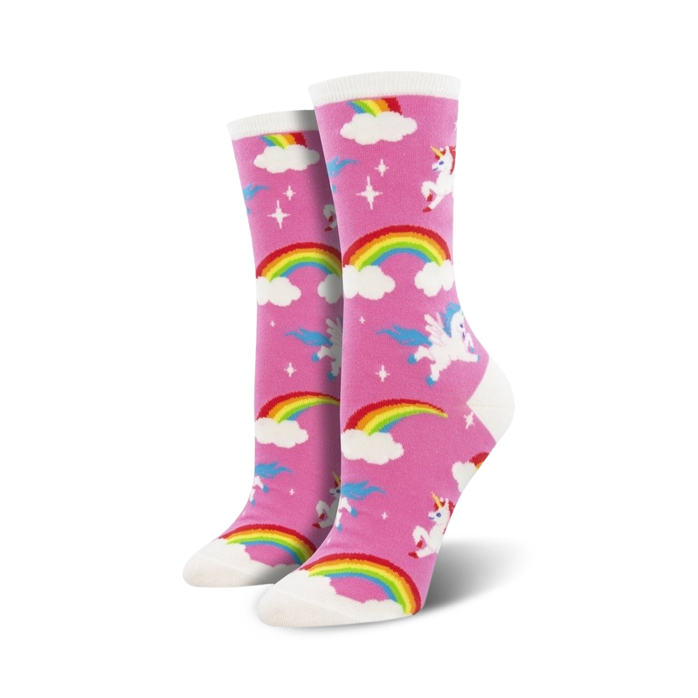 Pair of pink crew socks with unicorns and rainbows. Fun, whimsical design for a pop of color.