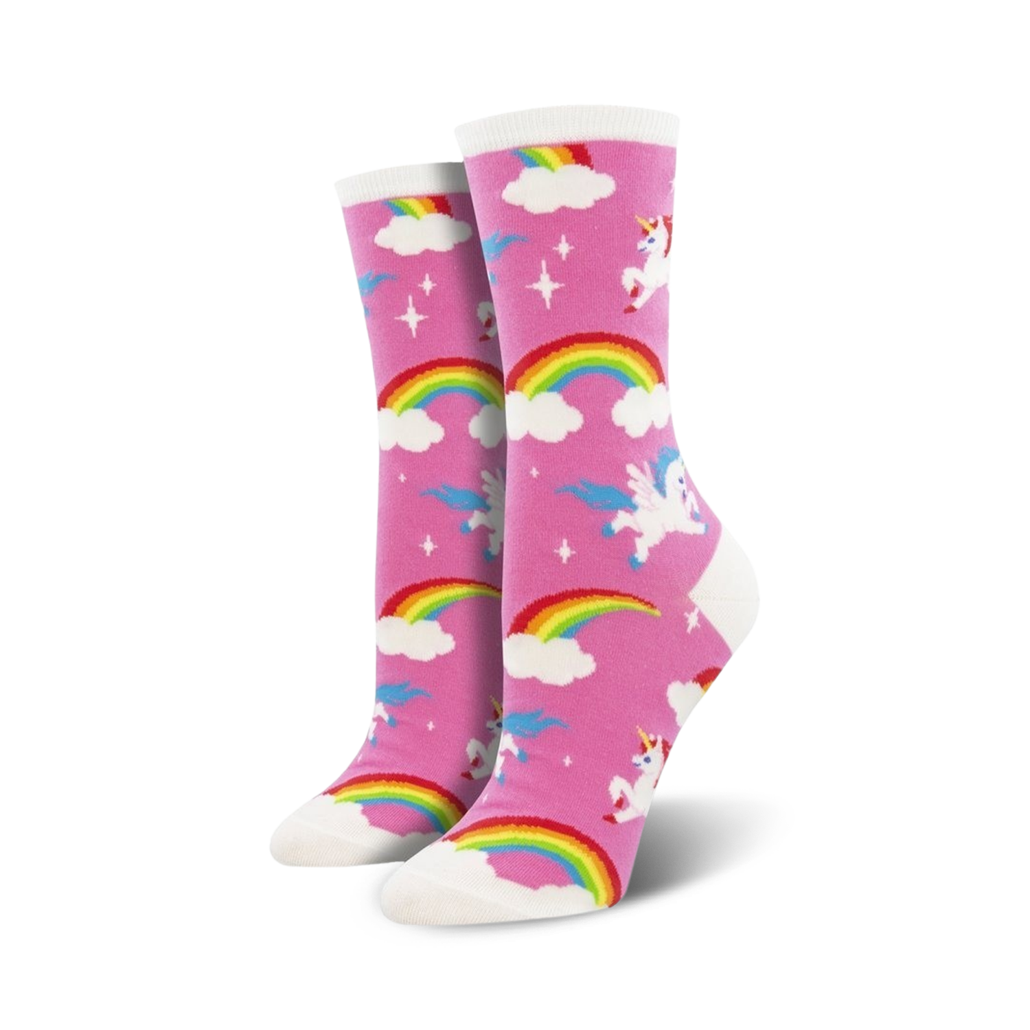 Pair of pink crew socks with unicorns and rainbows. Fun, whimsical design for a pop of color.