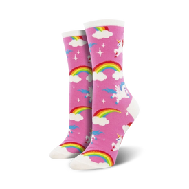 whimsical crew socks featuring pink, white, rainbows, clouds, stars, and unicorns.   