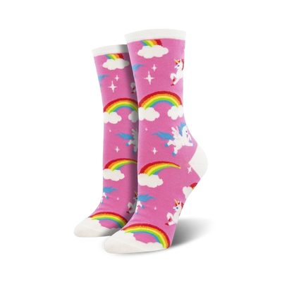 whimsical crew socks featuring pink, white, rainbows, clouds, stars, and unicorns.   