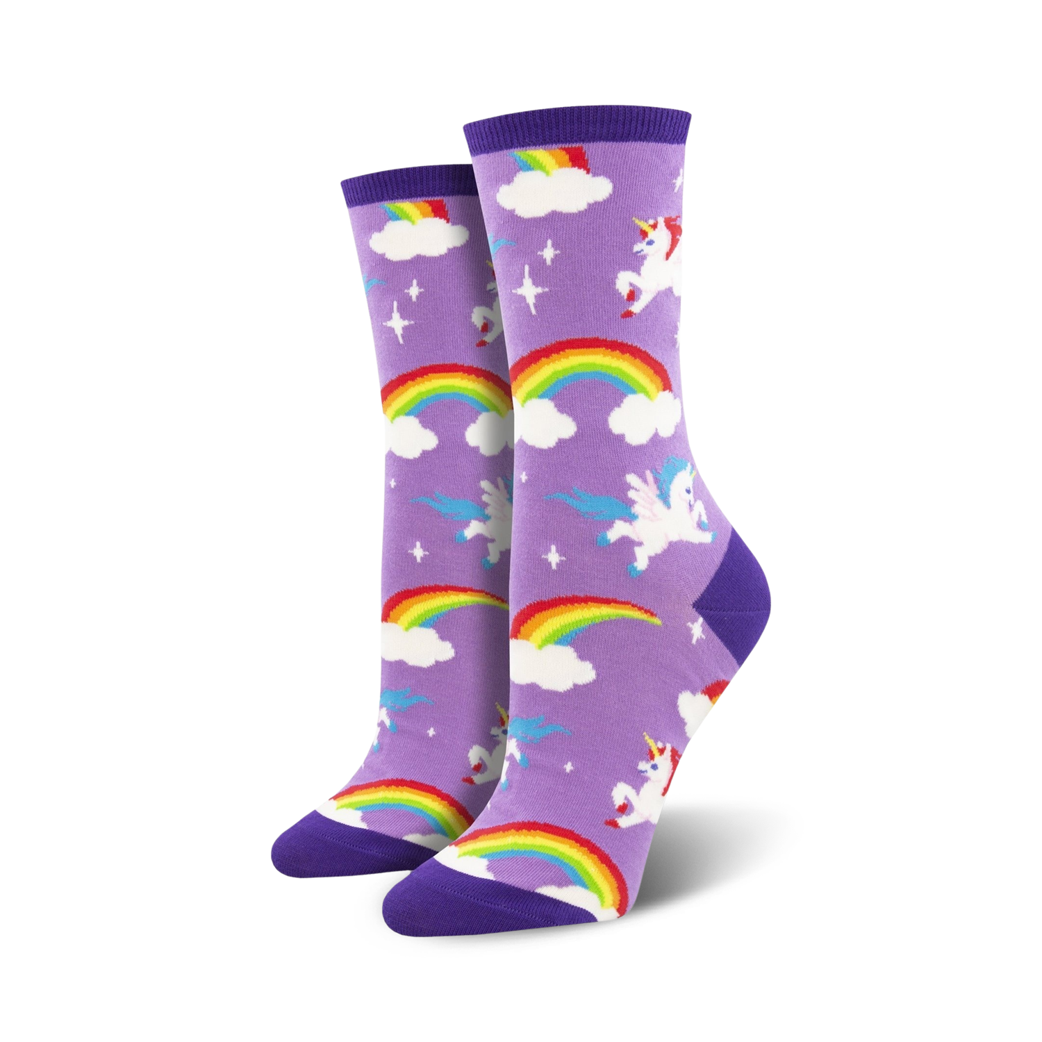 Lifestyle shot showing the purple Pegasus Party socks on a model's feet.