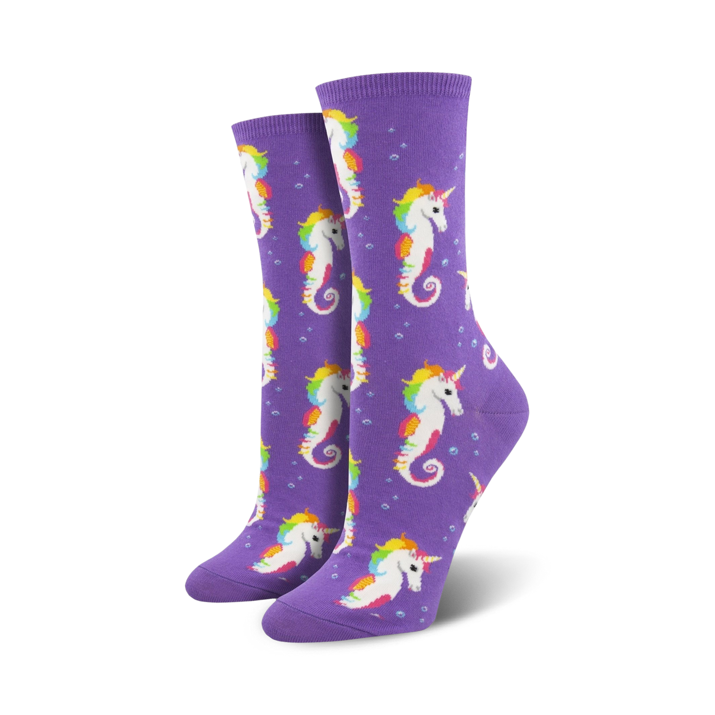 Pair of women's crew socks. Purple background with repeating pattern of rainbow-maned seahorse unicorns and small bubbles.