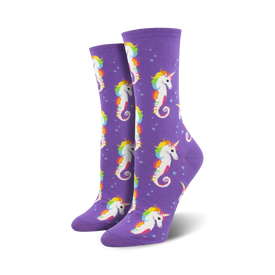 purple crew socks adorned with a pattern of rainbow-colored unicorns with seahorse bodies. perfect for mythical creature enthusiasts.  