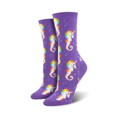 purple crew socks adorned with a pattern of rainbow-colored unicorns with seahorse bodies. perfect for mythical creature enthusiasts.  