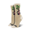 Cream & beet-colored crew socks featuring a whimsical illustration of a beet wearing headphones.