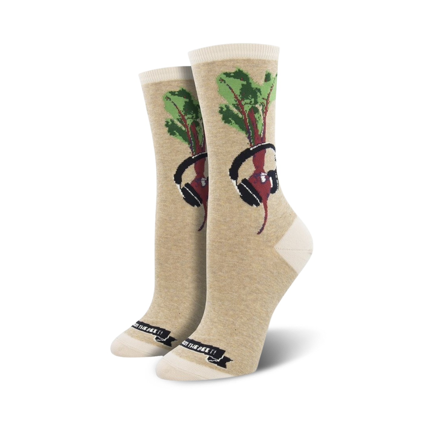 Cream & beet-colored crew socks featuring a whimsical illustration of a beet wearing headphones.