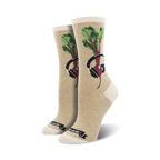 Cream & beet-colored crew socks featuring a whimsical illustration of a beet wearing headphones.