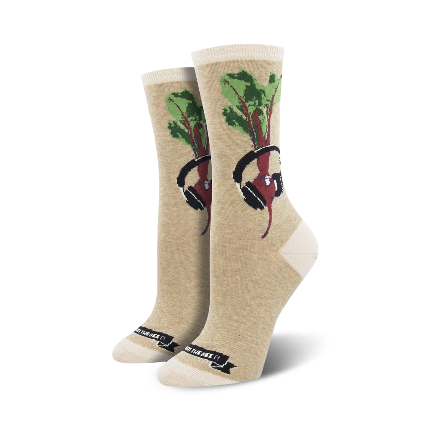 Cream & beet-colored crew socks featuring a whimsical illustration of a beet wearing headphones.