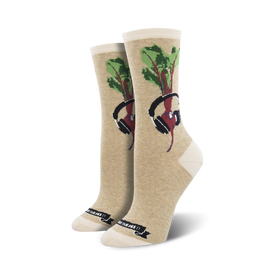 light tan crew socks with red beets wearing headphones pattern.   