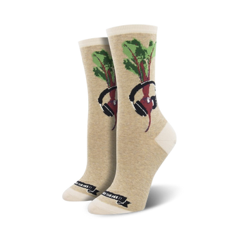 light tan crew socks with red beets wearing headphones pattern.   