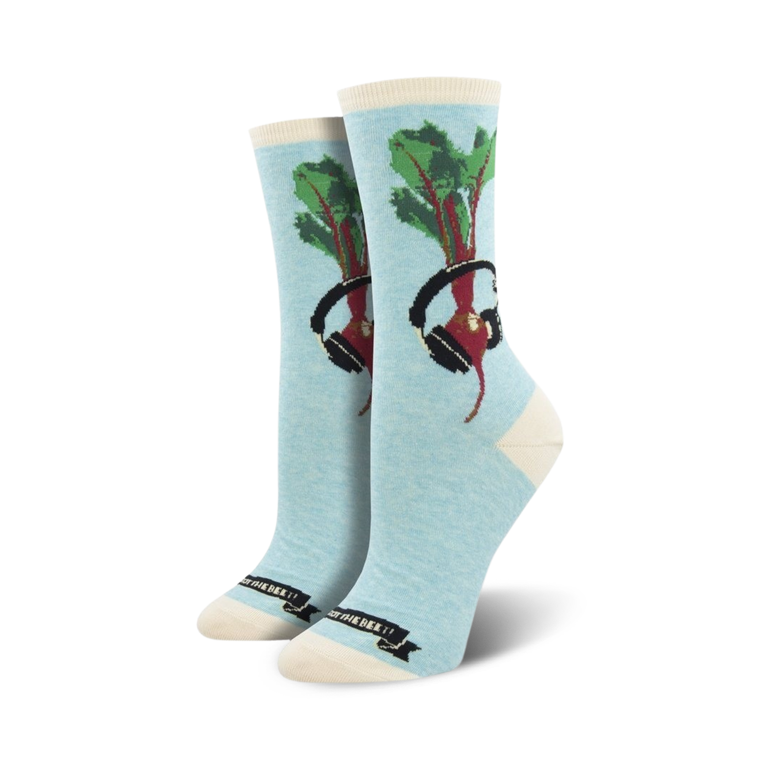 Lifestyle shot of a person's feet wearing the 'We Got The Beet' socks.