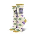 Cream crew socks with purple and green book illustrations and the phrase 'The Book Was Better'.