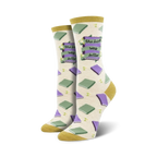 Cream crew socks with purple and green book illustrations and the phrase 'The Book Was Better'.