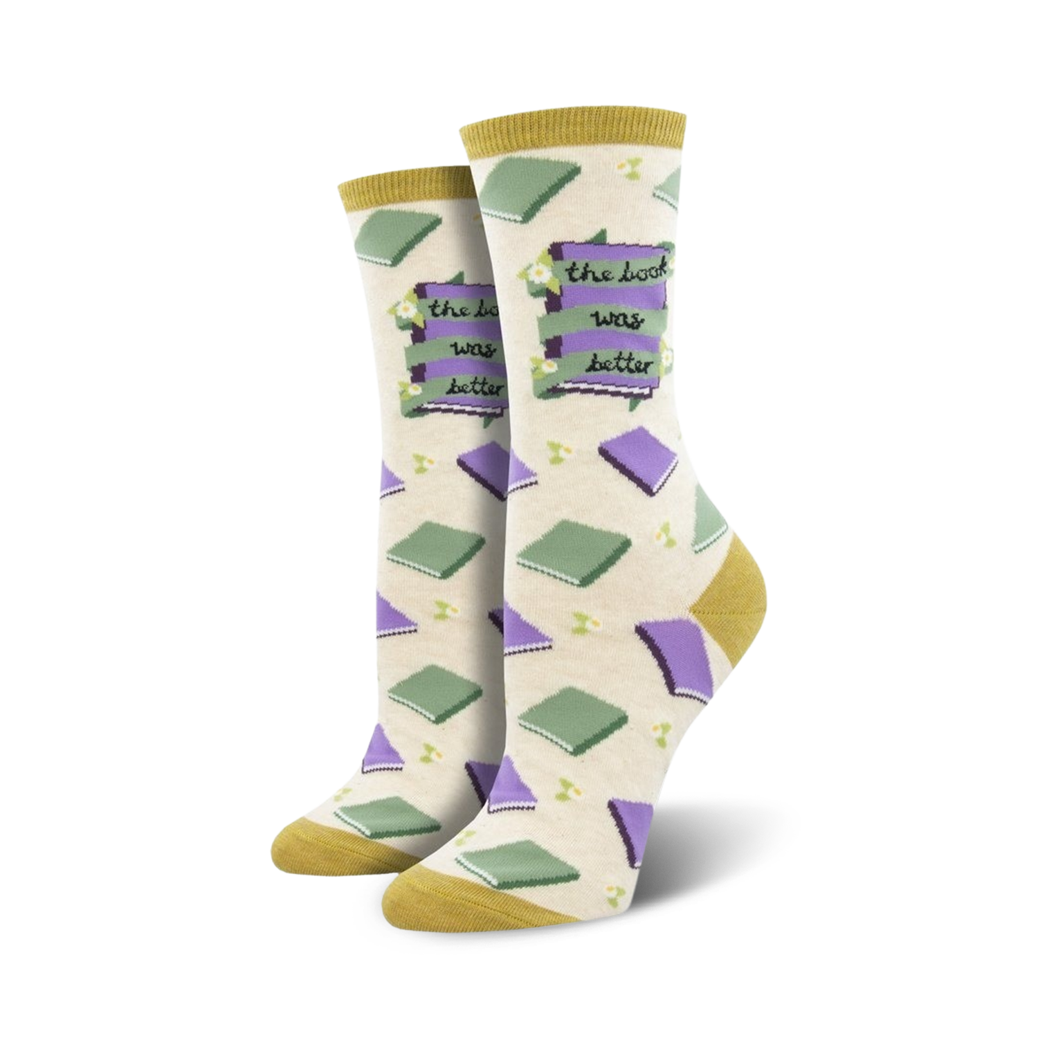 Cream crew socks with purple and green book illustrations and the phrase 'The Book Was Better'.