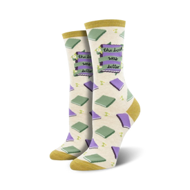 white crew socks with books, flowers, and leaves in green, blue, purple, pink, yellow, and gold.  