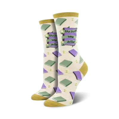 white crew socks with books, flowers, and leaves in green, blue, purple, pink, yellow, and gold.  