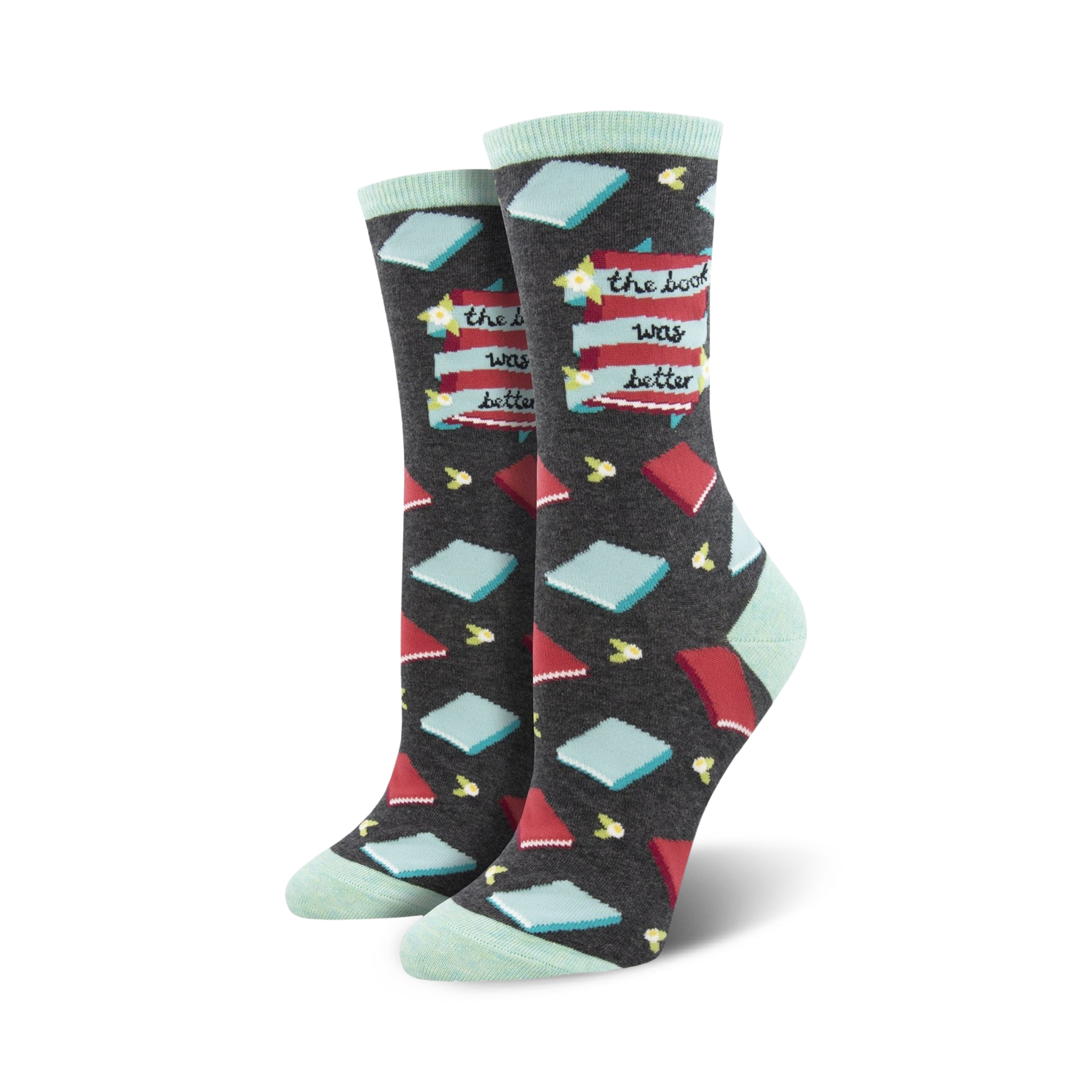 Pair of dark gray crew socks with red and teal book illustrations and the phrase 'The Book Was Better'.