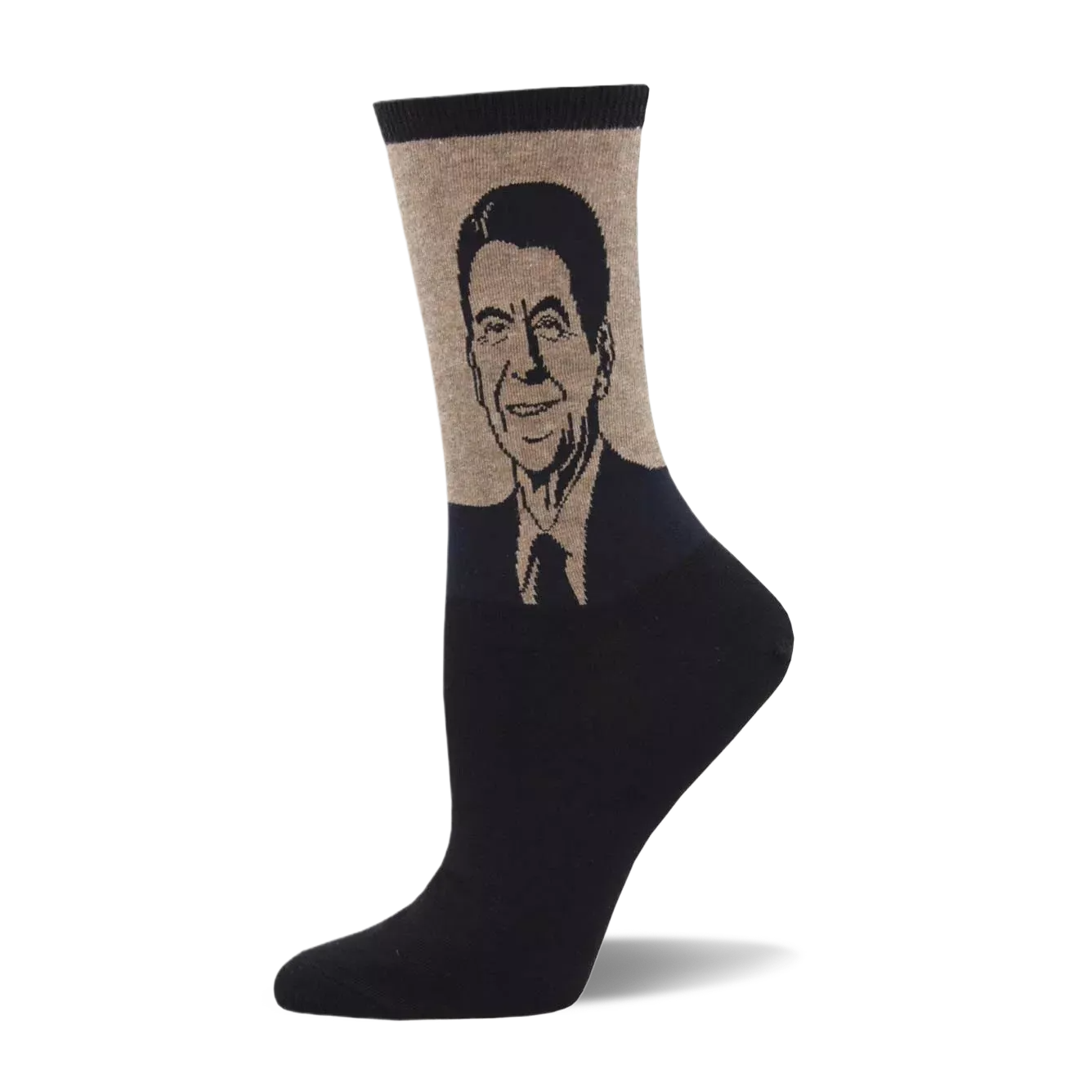 Crew sock with a black foot and a beige upper featuring a detailed, smiling portrait of Ronald Reagan in a suit and tie.