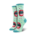 Crew socks in teal, red, and black.  The design features red lips with text that says 'Words Have Power' and other empowering messages.
