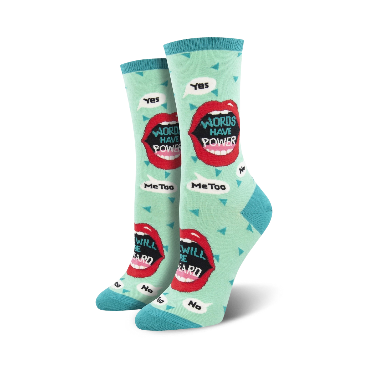 Crew socks in teal, red, and black.  The design features red lips with text that says 'Words Have Power' and other empowering messages.
