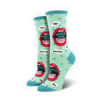 Crew socks in teal, red, and black.  The design features red lips with text that says 'Words Have Power' and other empowering messages.