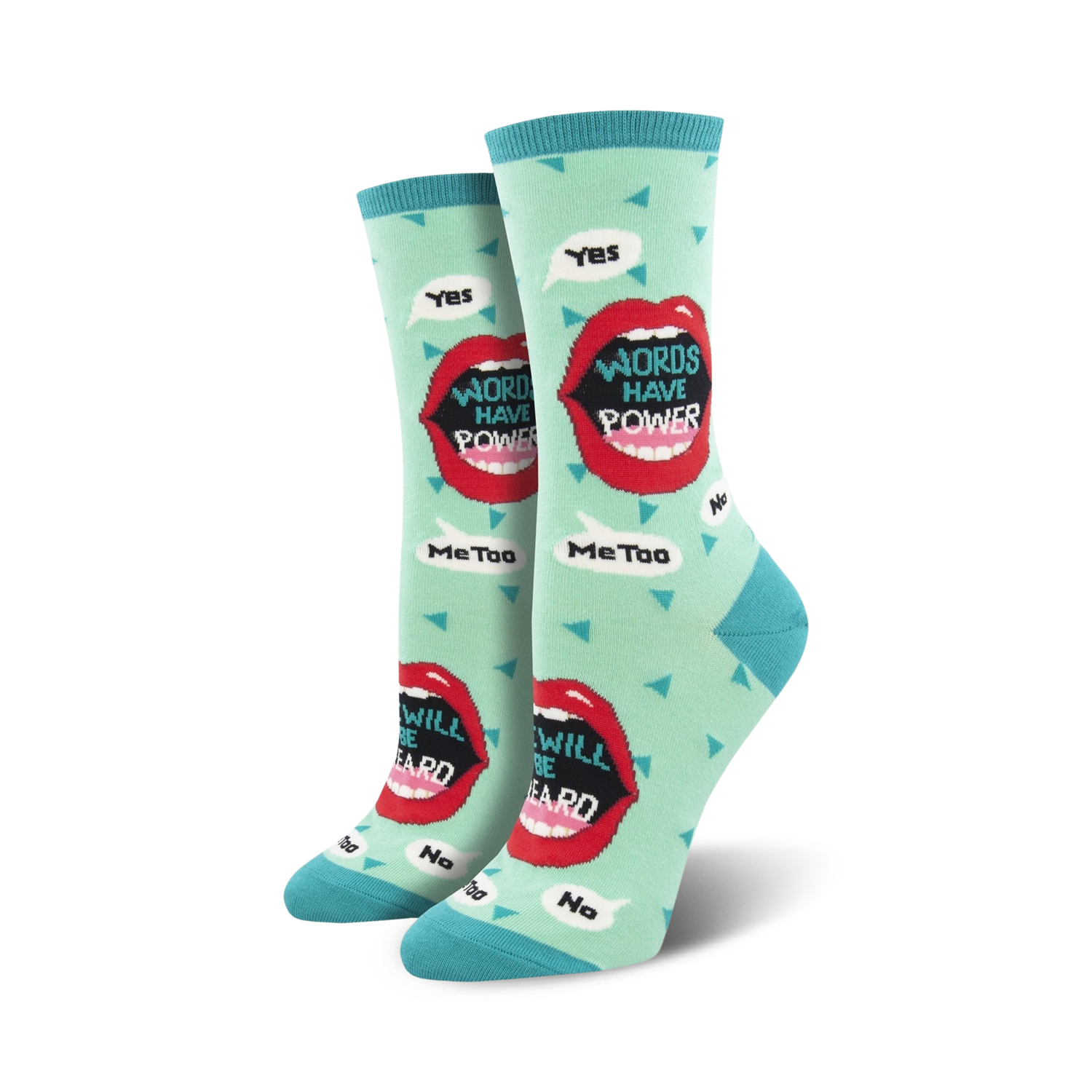 Crew socks in teal, red, and black.  The design features red lips with text that says 'Words Have Power' and other empowering messages.