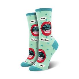 mint green crew socks feature speech bubbles with words and phrases like "words have power", "yes", "no", "me too", "will be heard", and "na".   