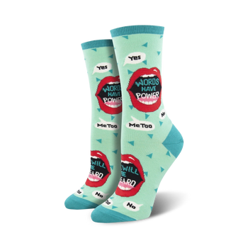 Crew socks in teal, red, and black.  The design features red lips with text that says 'Words Have Power' and other empowering messages.