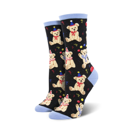 black crew socks with cartoon party bear pattern.  