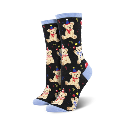 black crew socks with cartoon party bear pattern.  