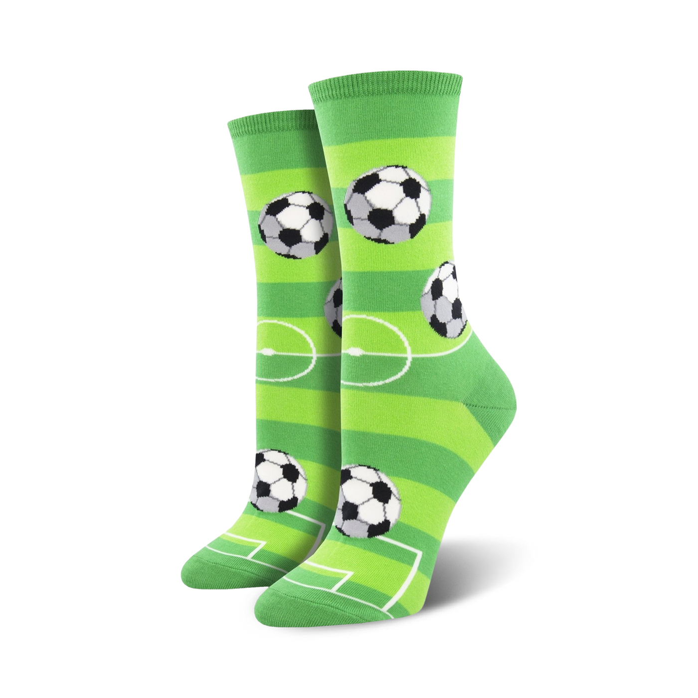 Pair of women's crew socks with a soccer field design. The socks are lime green with white stripes and black-and-white soccer balls.