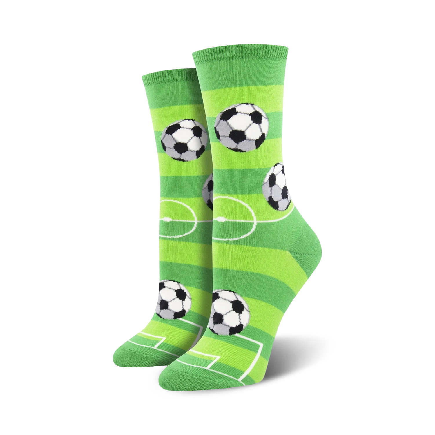 Pair of women's crew socks with a soccer field design. The socks are lime green with white stripes and black-and-white soccer balls.