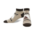 Pair of tan and brown ankle socks.  One sock displays 'Shit' with toilet paper; the other shows 'Happens' with a poop emoji.