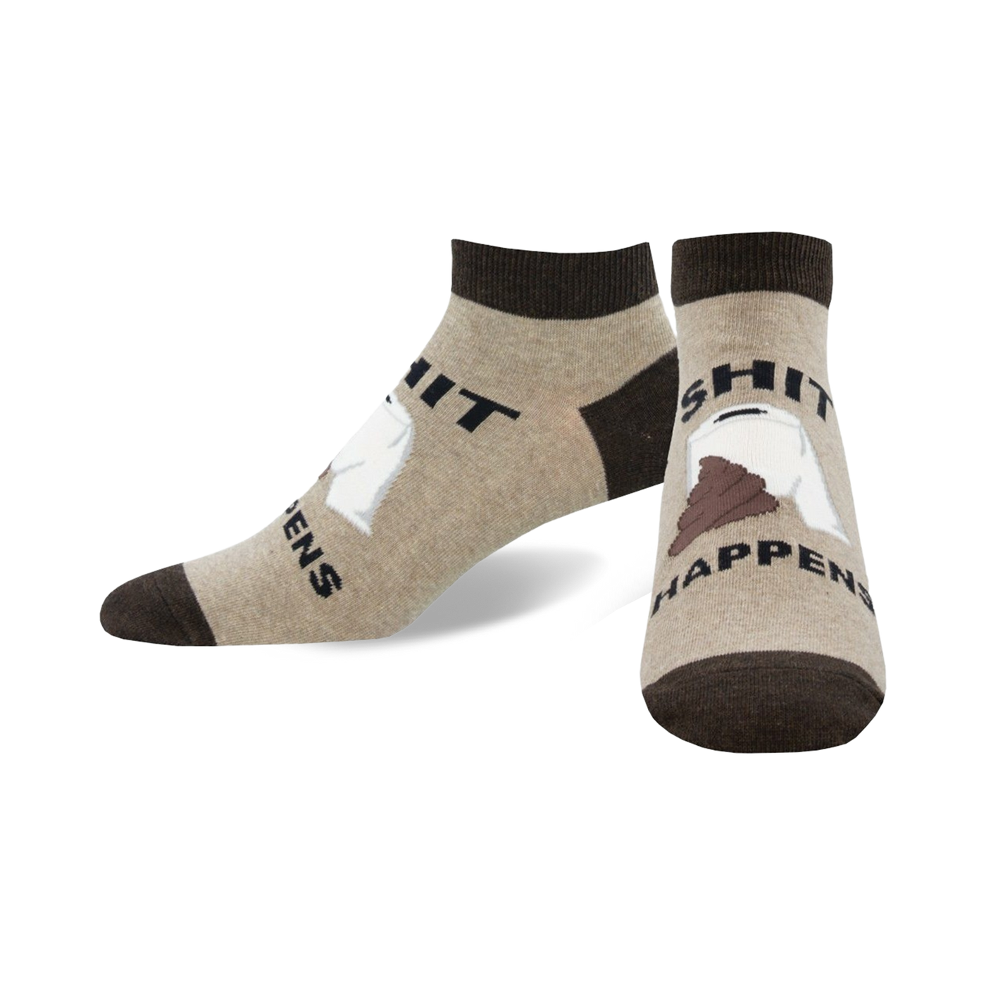 Pair of tan and brown ankle socks.  One sock displays 'Shit' with toilet paper; the other shows 'Happens' with a poop emoji.