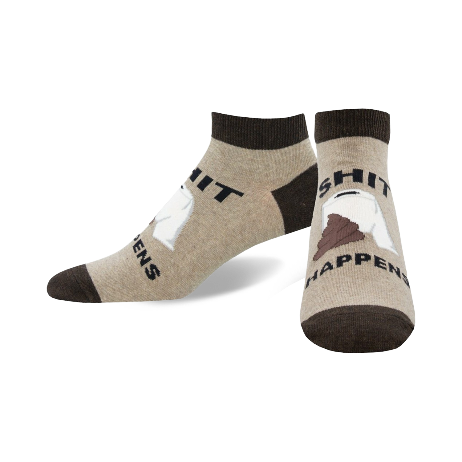 Pair of tan and brown ankle socks.  One sock displays 'Shit' with toilet paper; the other shows 'Happens' with a poop emoji.