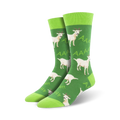 Pair of crew socks, green and white, featuring a pattern of screaming goats.  'AAA' and 'HII' are printed alongside.