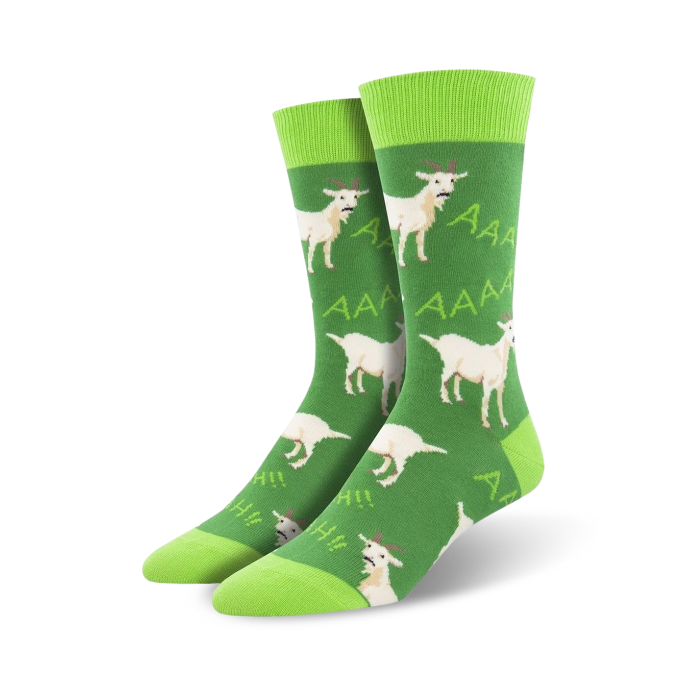 Pair of crew socks, green and white, featuring a pattern of screaming goats.  'AAA' and 'HII' are printed alongside.