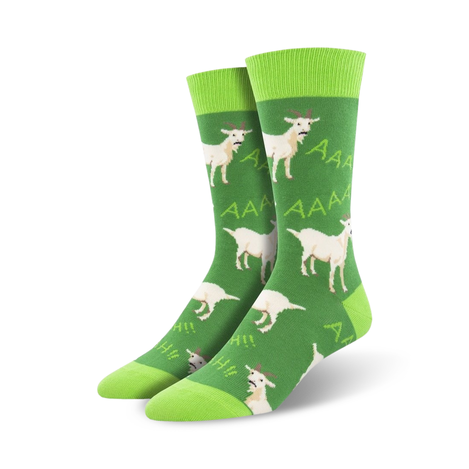 Pair of crew socks, green and white, featuring a pattern of screaming goats.  'AAA' and 'HII' are printed alongside.