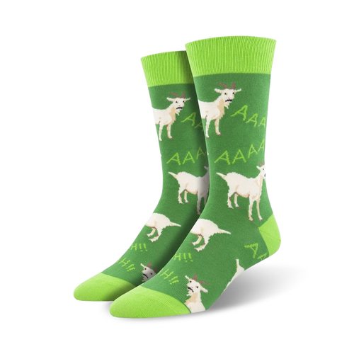 Pair of crew socks, green and white, featuring a pattern of screaming goats.  'AAA' and 'HII' are printed alongside.