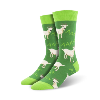 mens screaming goat pattern crew socks, white goats on green  