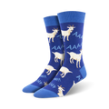 A close-up showcasing the vibrant blue screaming goat crew socks.