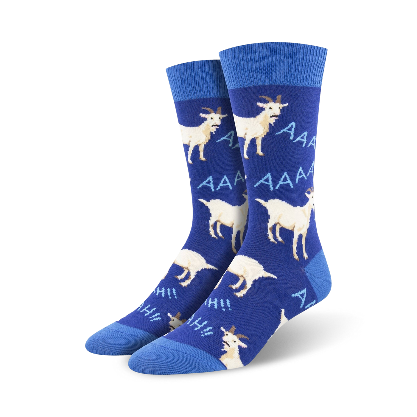 A close-up showcasing the vibrant blue screaming goat crew socks.