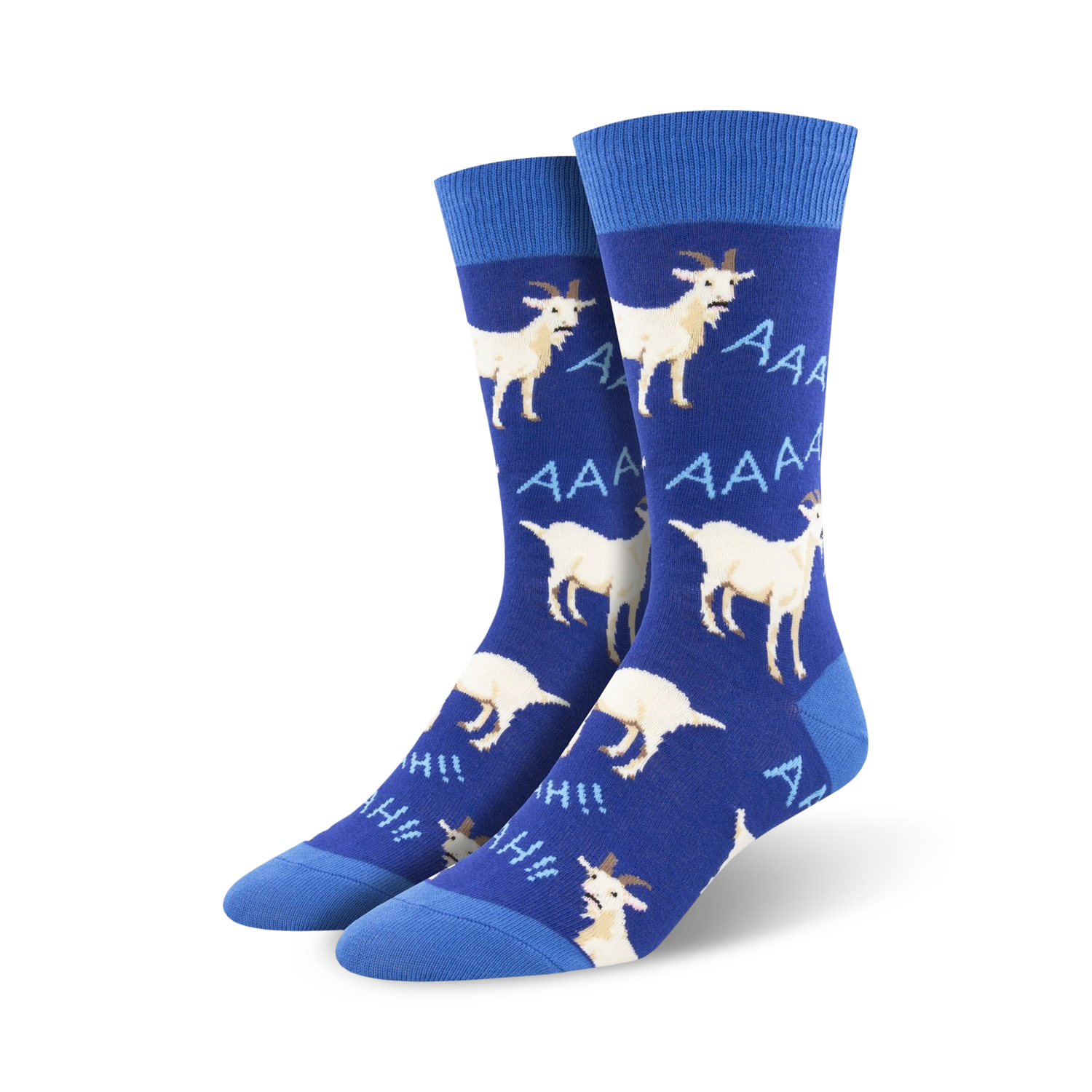 A close-up showcasing the vibrant blue screaming goat crew socks.