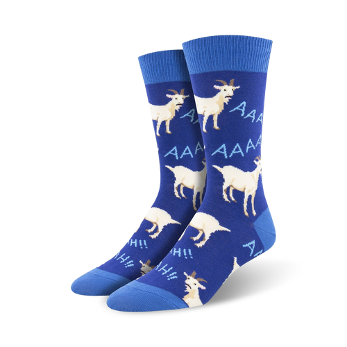 A close-up showcasing the vibrant blue screaming goat crew socks.