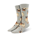 A pair of men's crew socks in grey featuring a repeating pattern of pugs holding pizza slices.
