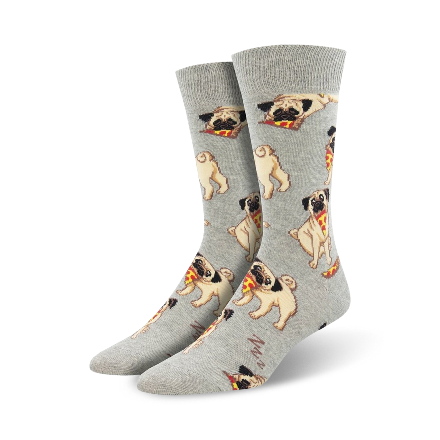 A pair of men's crew socks in grey featuring a repeating pattern of pugs holding pizza slices.