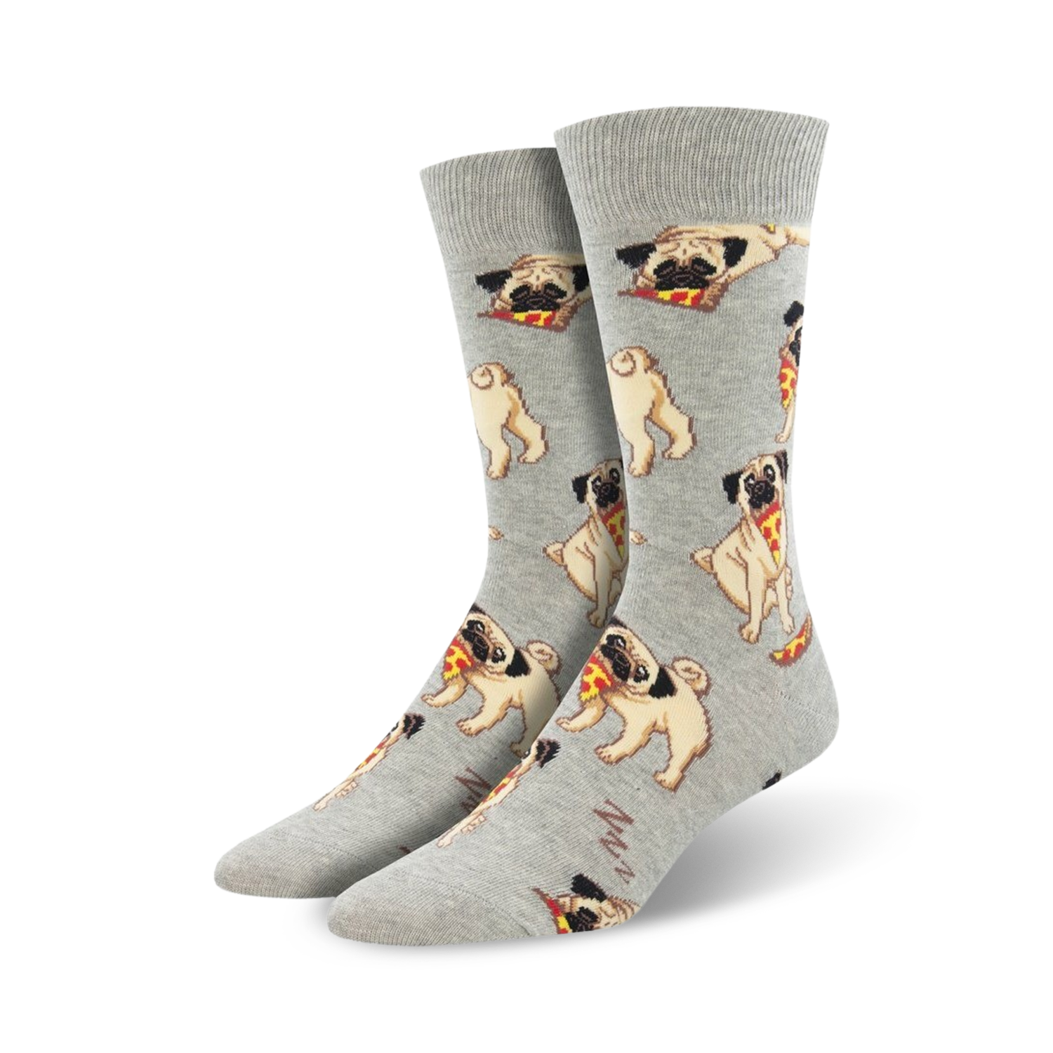 A pair of men's crew socks in grey featuring a repeating pattern of pugs holding pizza slices.