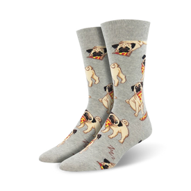 men's gray crew socks with an allover pattern of cartoon pugs wearing black collars and eating pizza.  