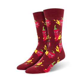 mens red crew socks with all-over print of cartoon chili peppers with flame hair.   